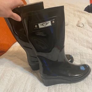Women Black Rain Boots Wedge Heel Cotton Lining